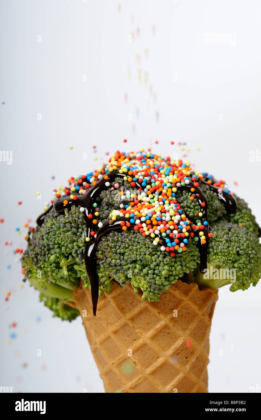 Stock photo of an ice cream cone filled with broccoli and chocolate