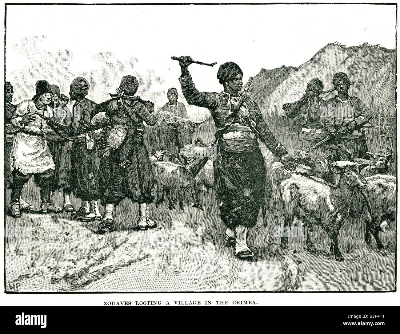zouaves looting a village in the crimea Crimean War  infantry regiments French army Stock Photo