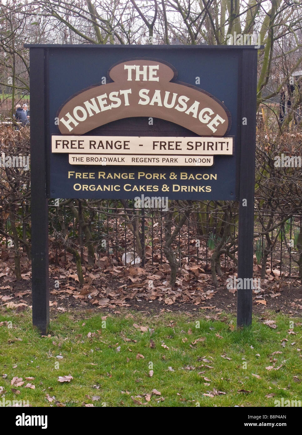 The Honest Sausage (now closed) cafe sign serving organic food in Regent's Park, London UK Stock Photo
