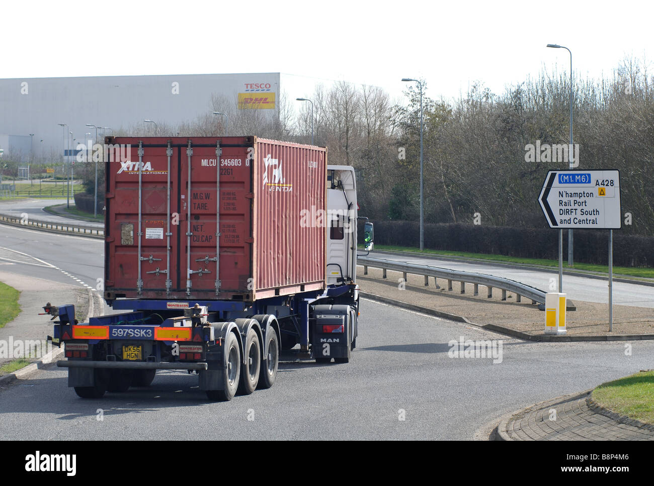 A shipping container lorry at DIRFT, Northamptonshire, England, UK Stock Photo