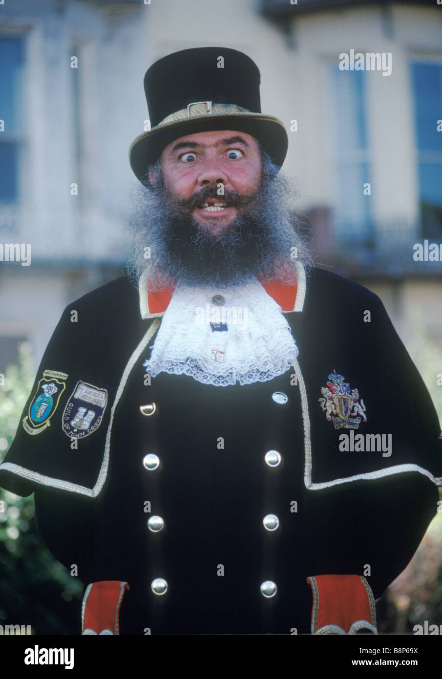 Man with scary face and staring  eyes. Town CrIer Hastings East Sussex  HOMER SYKES Stock Photo