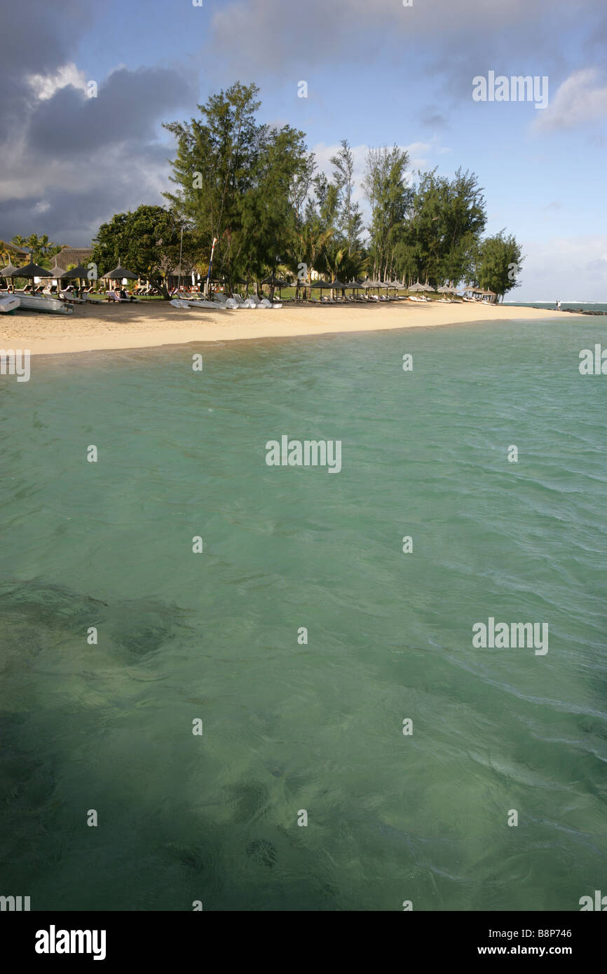 A Beach on the Indian Ocean tropical island of Mauritius viewed from ...