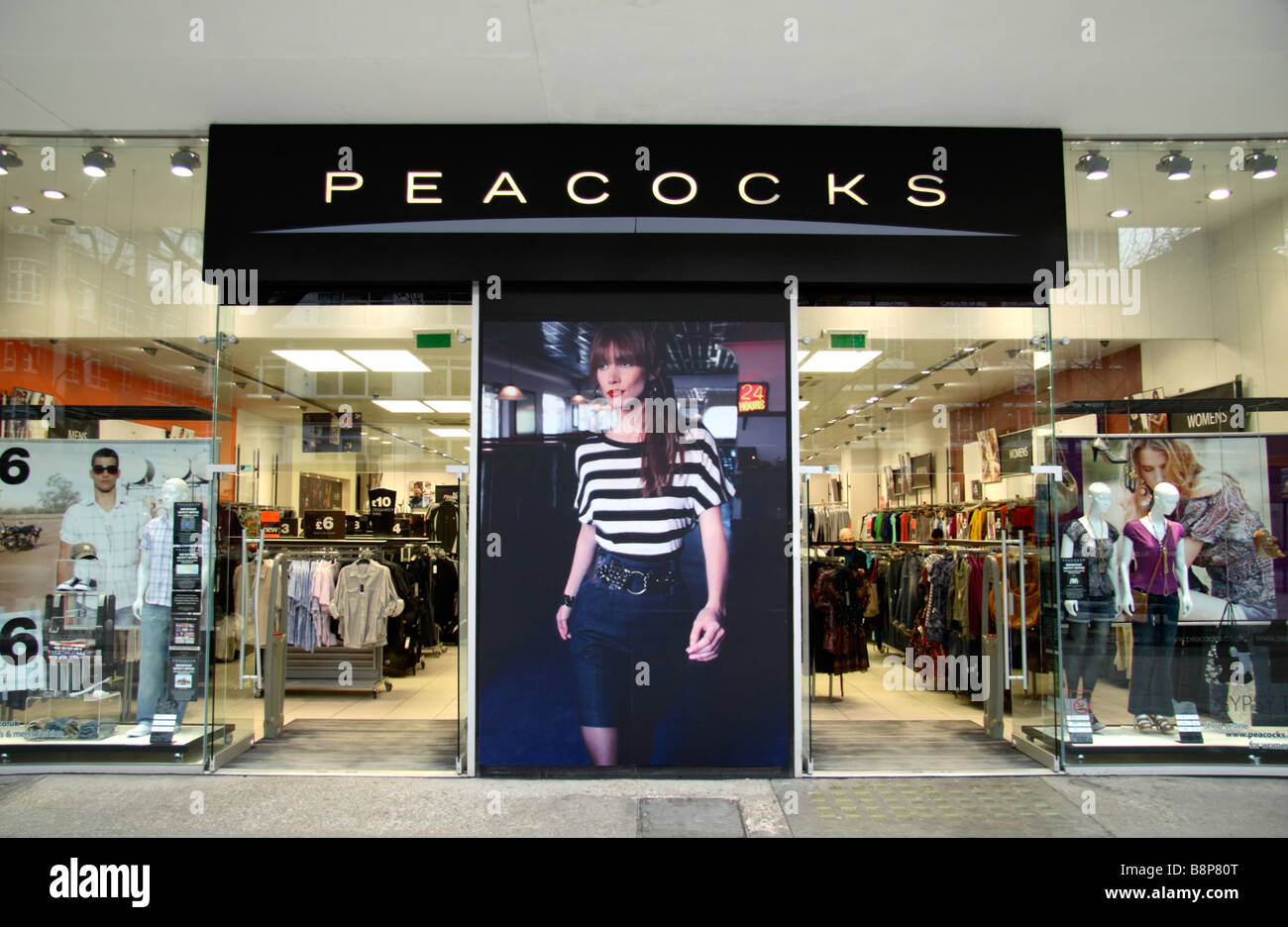 A sign above the entrance to the Peacocks clothing shop on Old Street, London. Feb 2009 Stock Photo