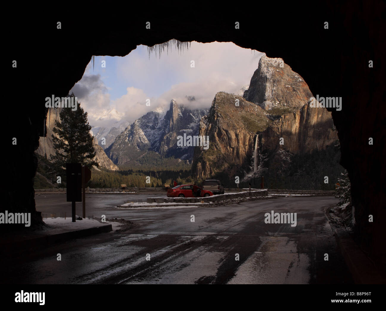 Yosemite National park tunnel View winter landscape with Bridalveil fall Stock Photo