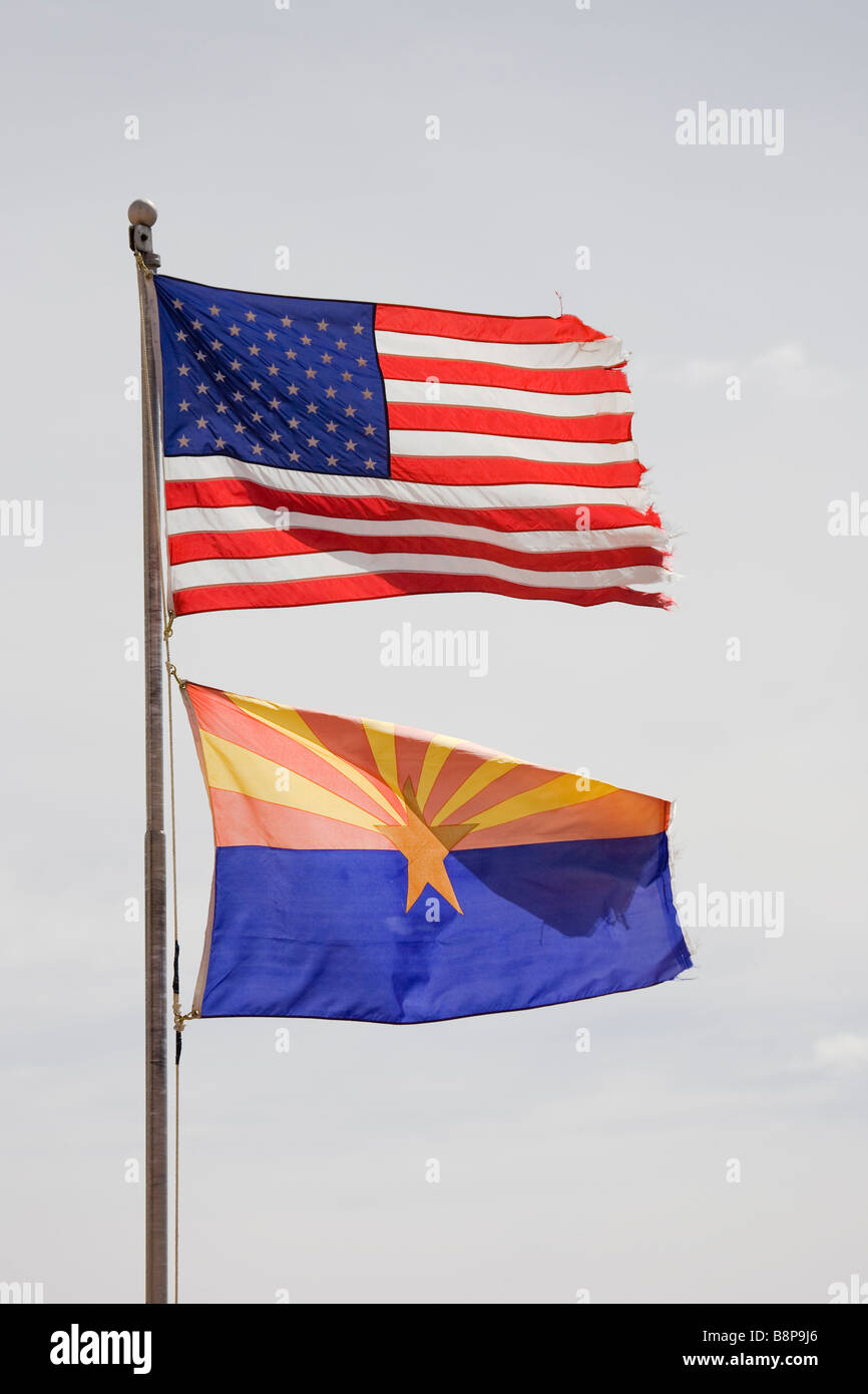 Flag USA and Arizona, blue sky with clouds Stock Photo
