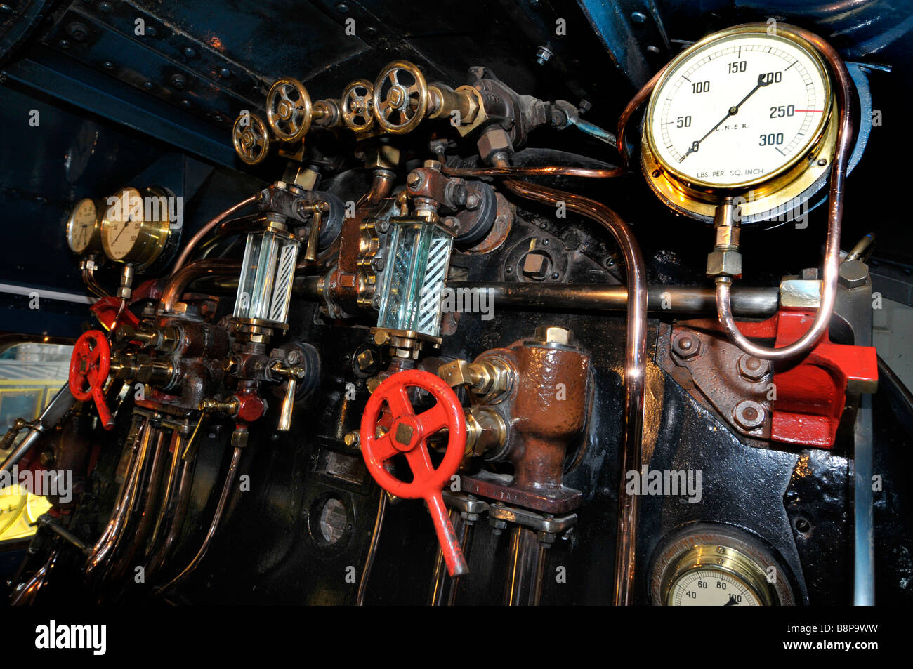 'Foot plate' and controls of Mallard at The National Railway Museum York, Britain, UK Stock Photo