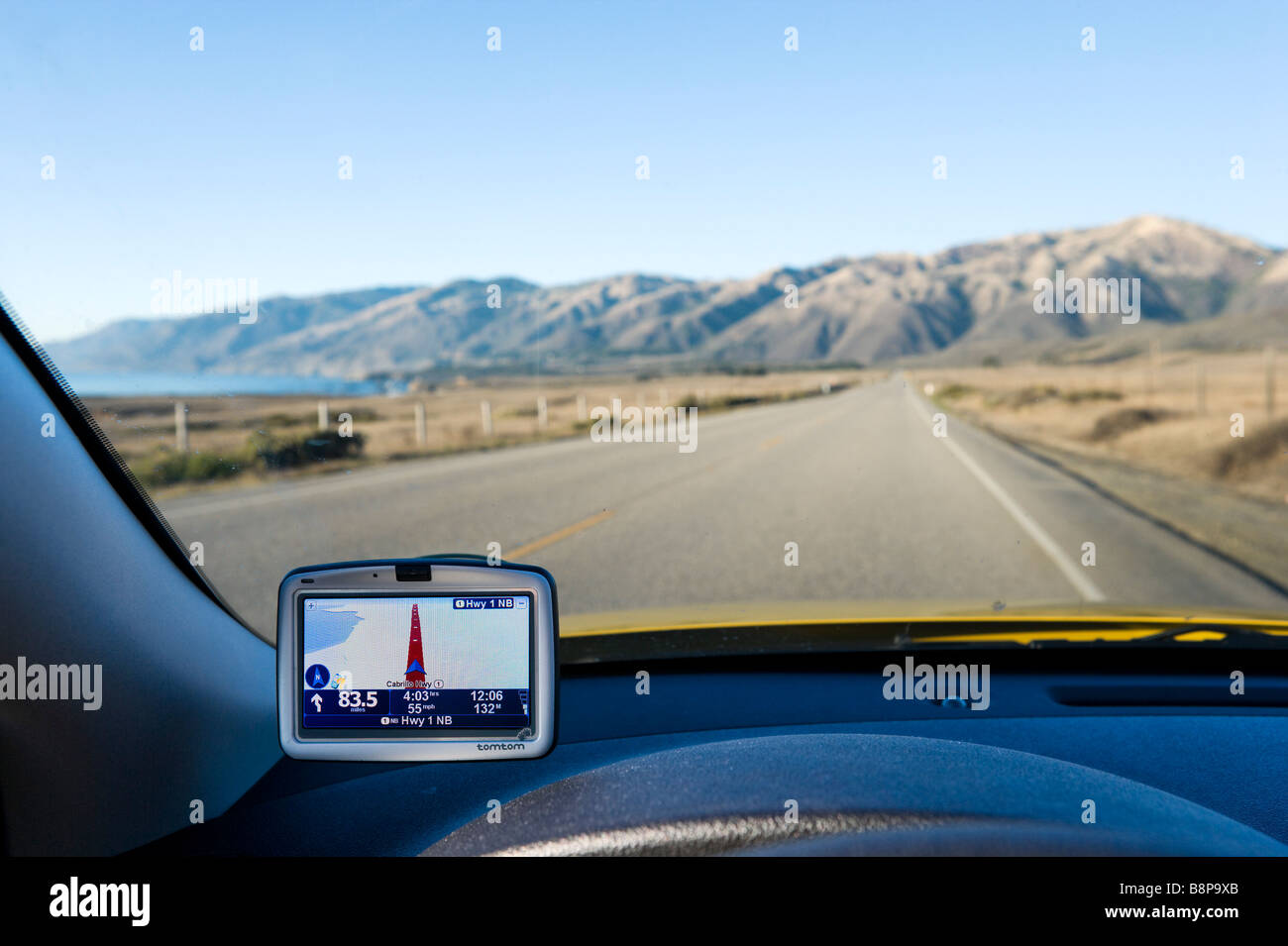 Tom Tom GPS Satellite Navigation on Pacific Coast Highway (Cabrillo Highway) just south of the Santa Lucia Mountains, California Stock Photo