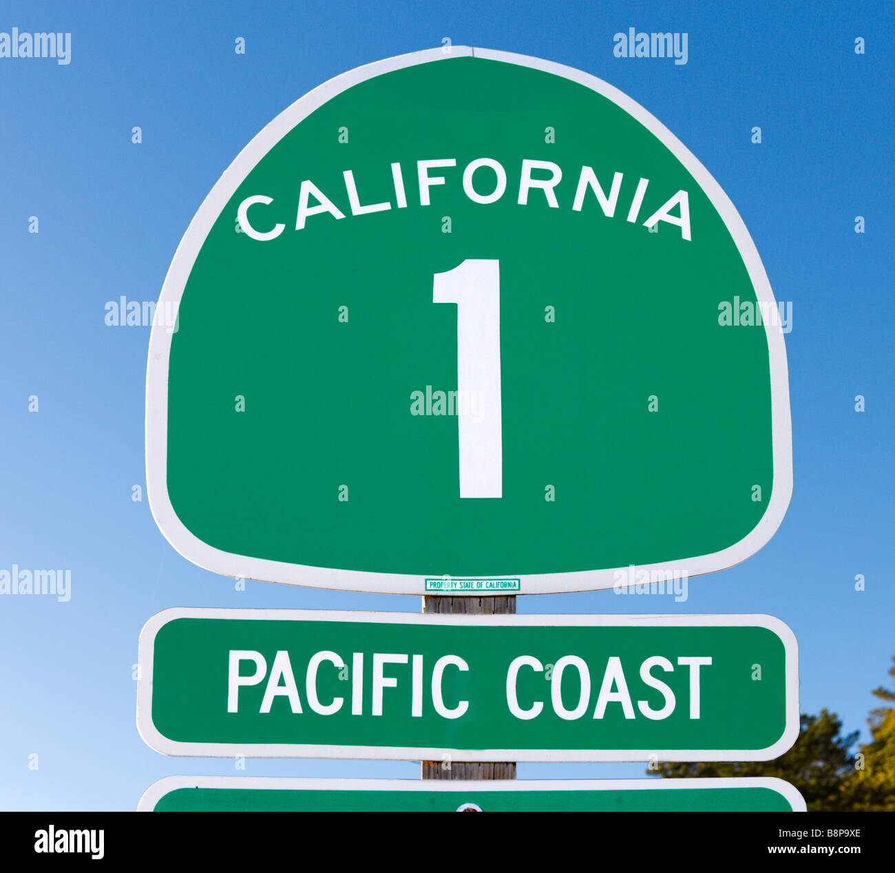 Road sign for the Pacific Coast Highway (Highway 1), Big Sur Coast, Central California, USA Stock Photo