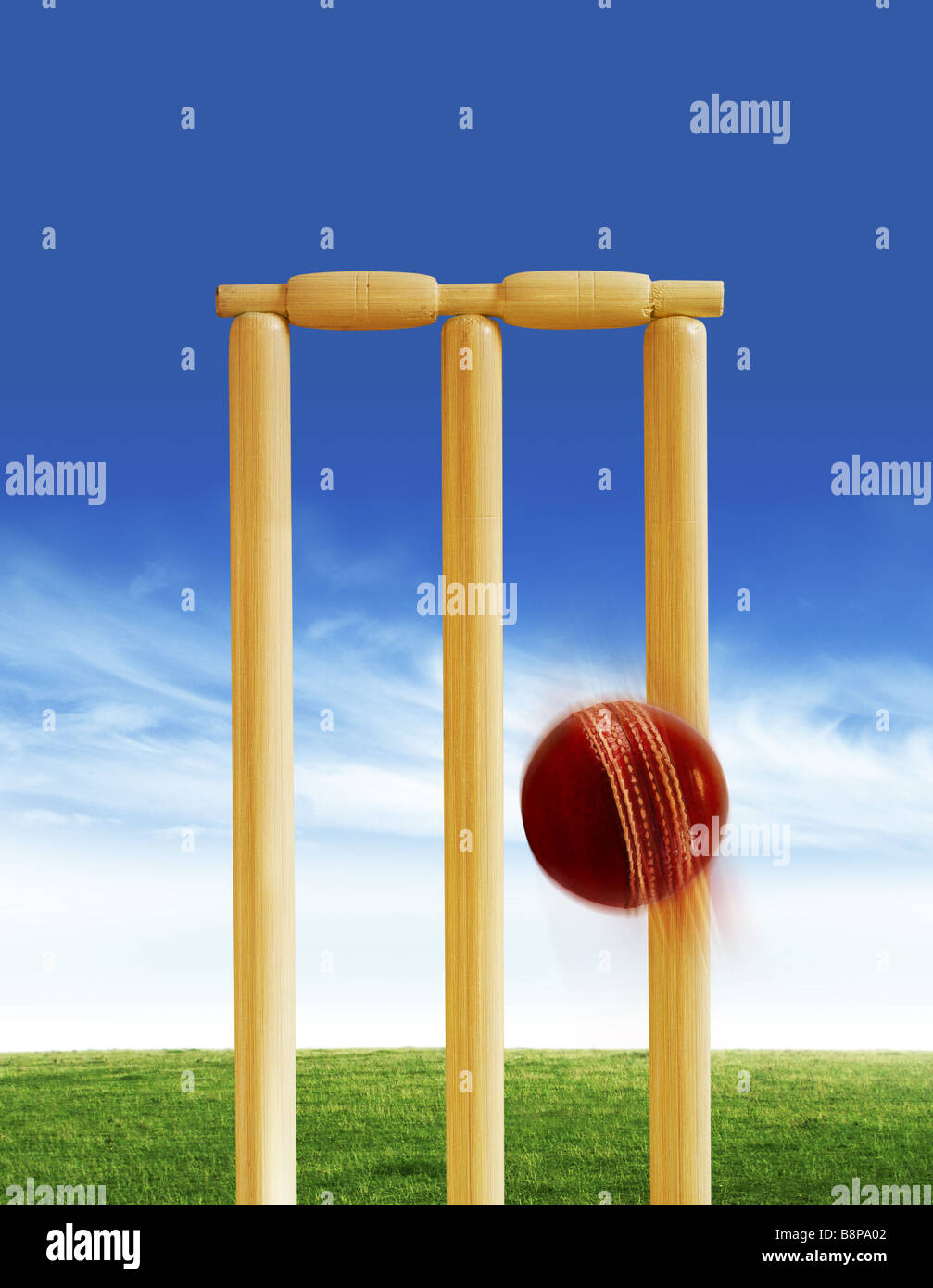 Traditional Cricket Stumps Ball Bail Bails Cricket Sport Field Grass Stock Photos & Traditional