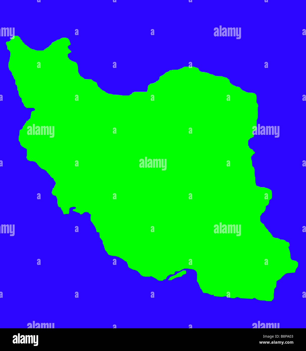 Green outline map of Iran isolated on blue background with clipping path Stock Photo