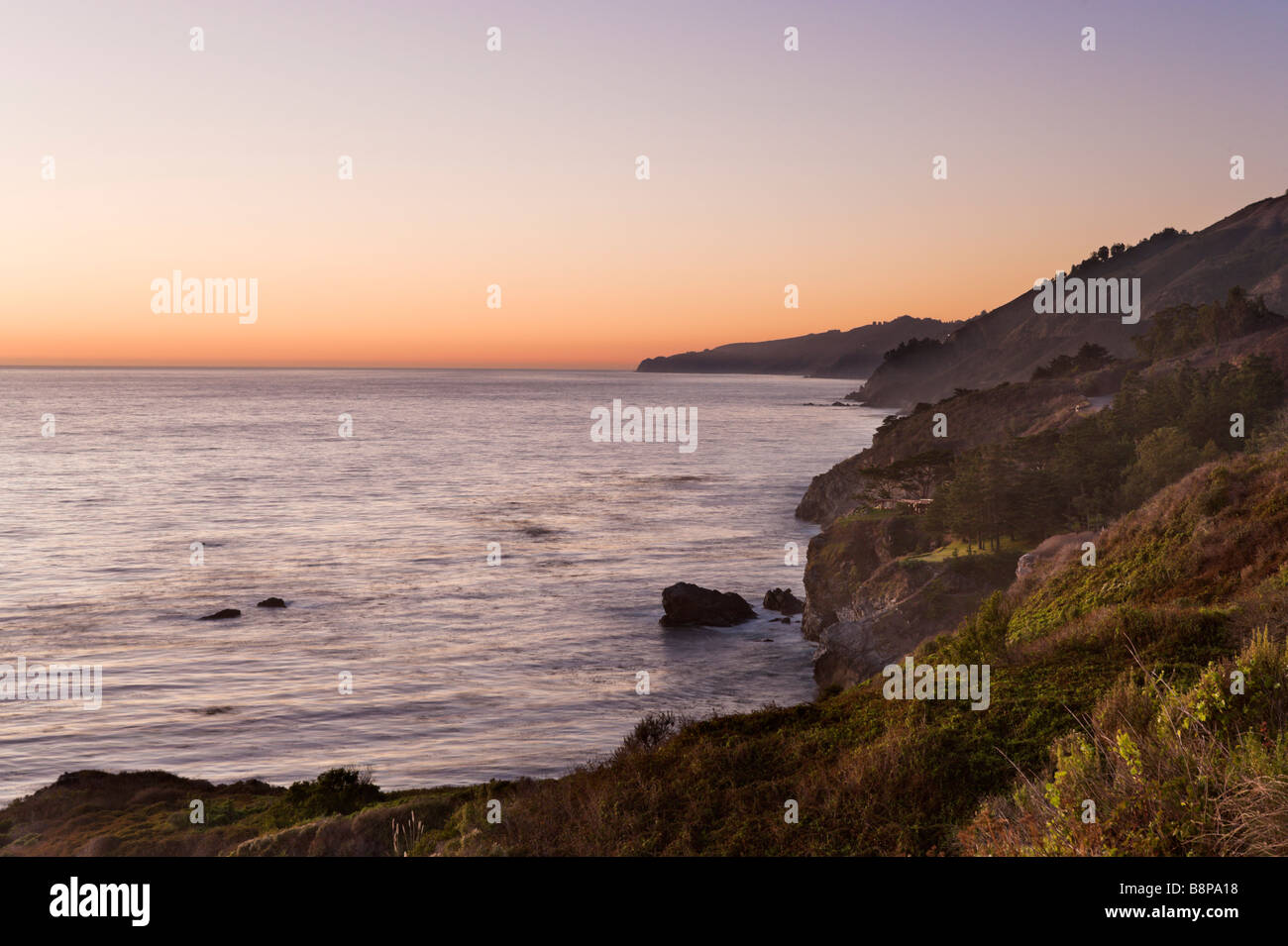 Coastline at sunset, Pacific Coast Highway (Highway 1) near Gorda, Big Sur Coast, Central California, USA Stock Photo