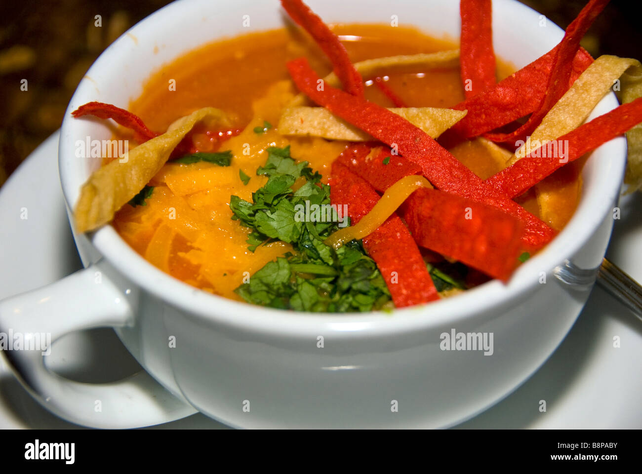 Tortilla Soup mexican soup red and yellow strips of corn tortillas tex-mex  local foods cuisine San Antonio Texas Tx Dining Stock Photo