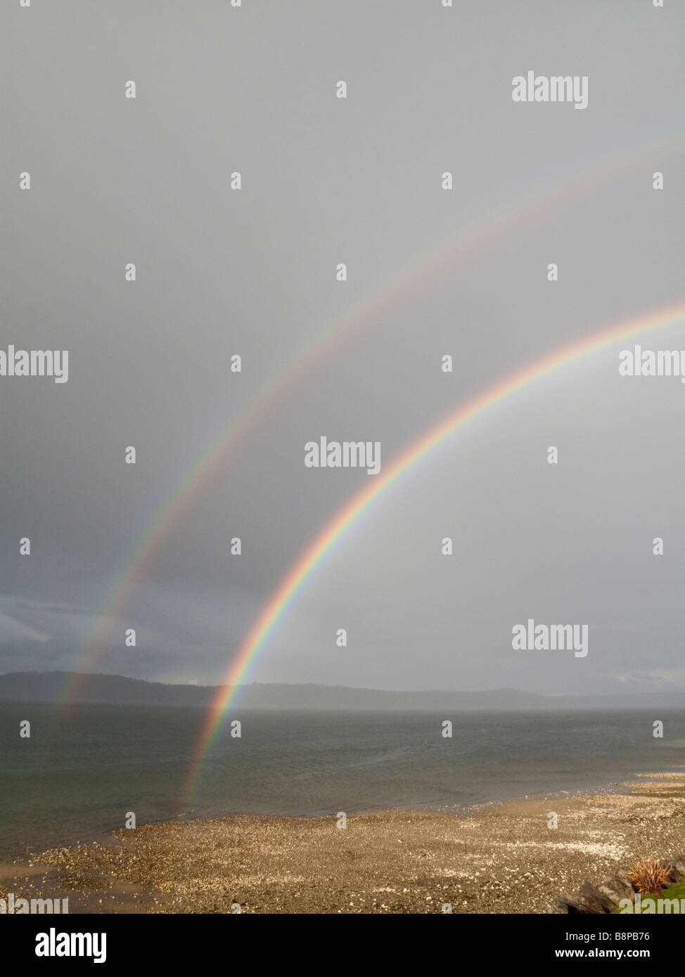 Double Rainbow over Hood Canal, Seabeck, Washington Stock Photo