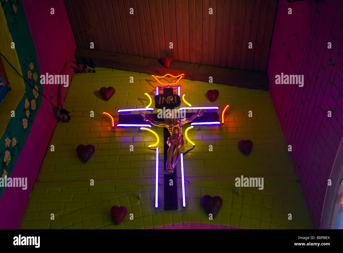 Neon crucifix cross Mi Tierra Café San Antonio Texas tx Mexican restaurant popular city landmark Stock Photo