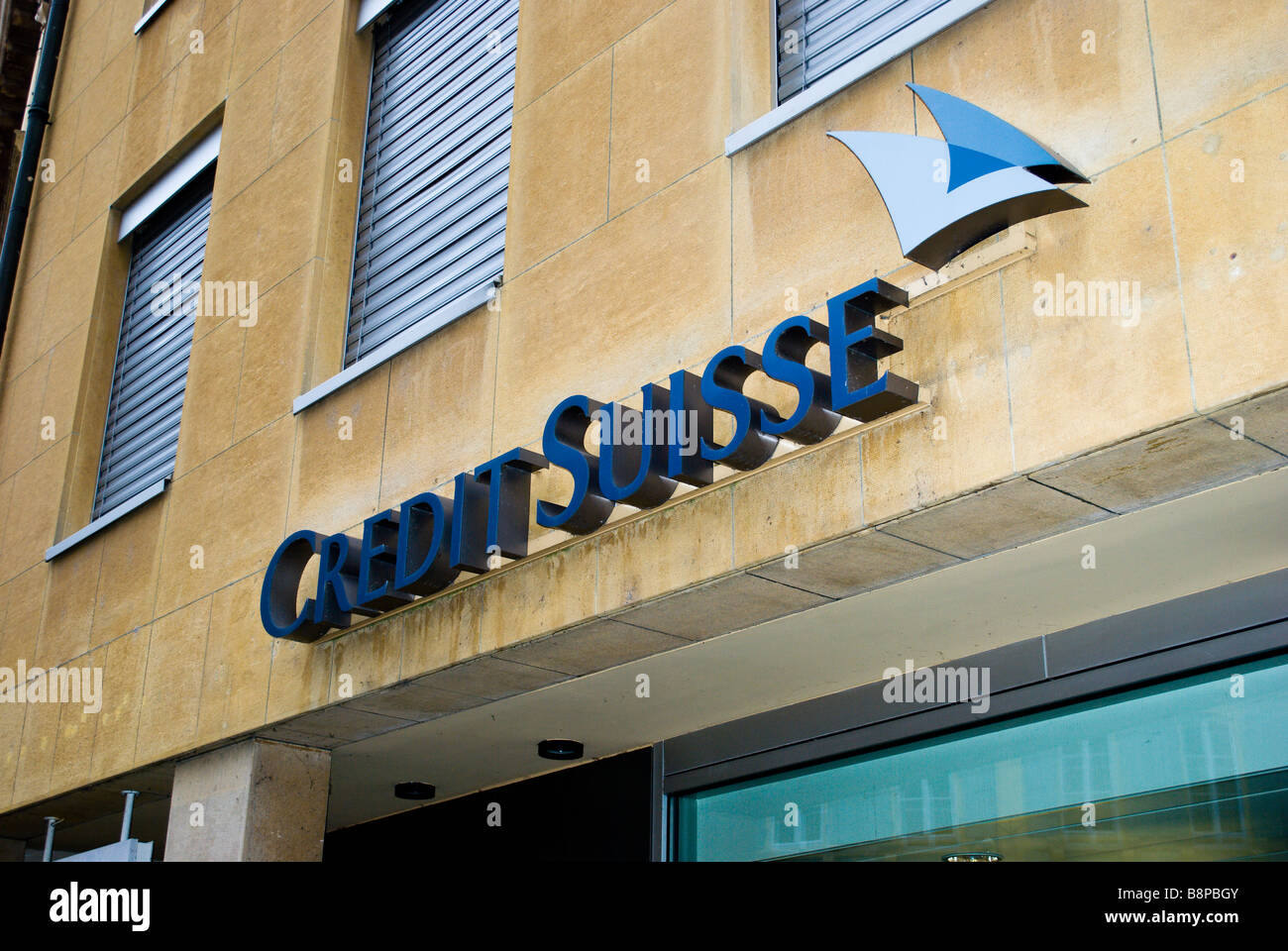 Credit Suisse sign on bank building in Neuchatel Switzerland Stock Photo