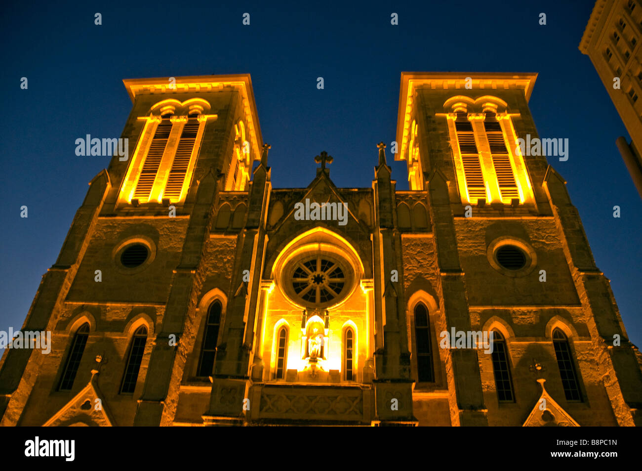 San Fernando Cathedral at night San Antonio Texas oldest active US cathedral historic building landmark tourist attraction Stock Photo