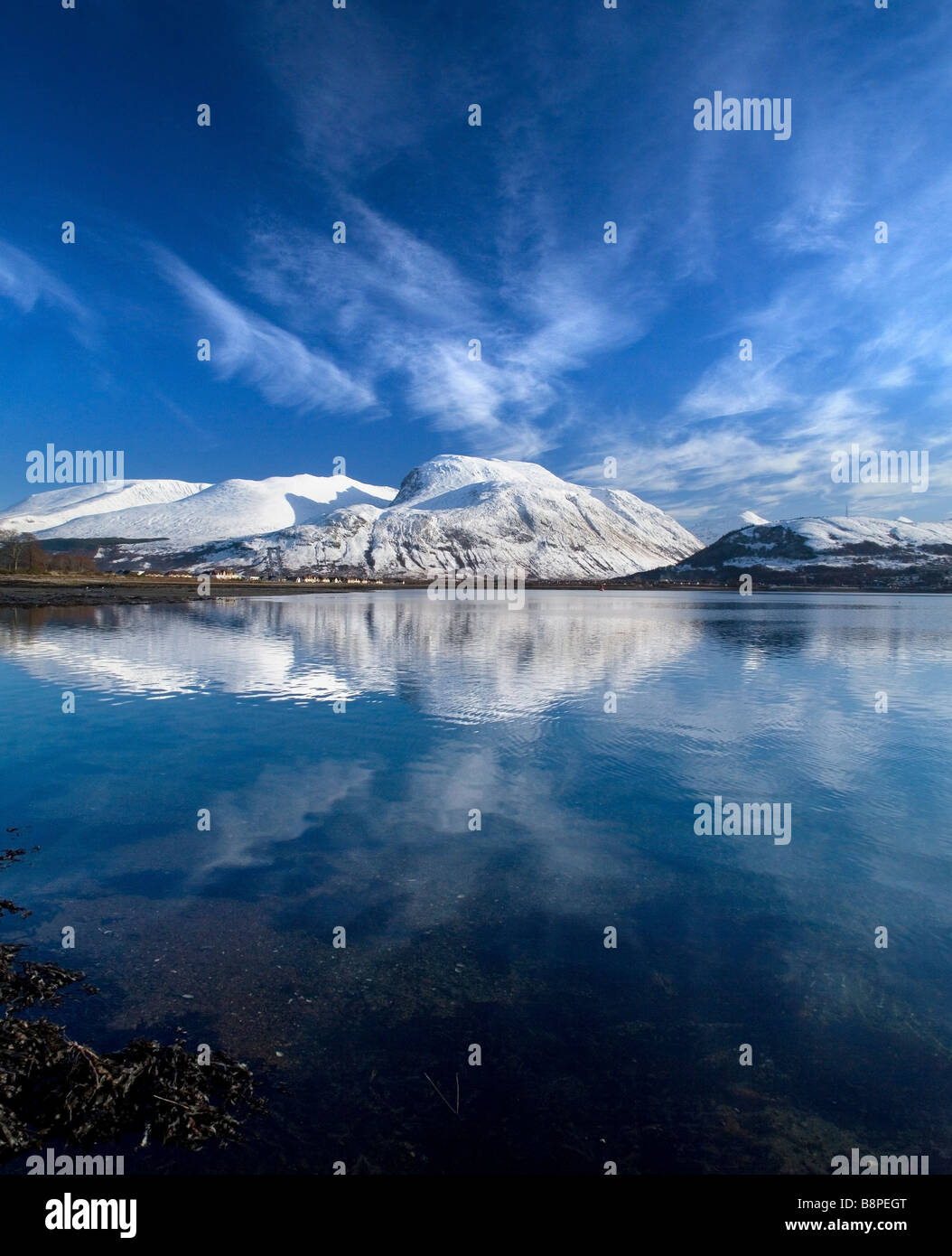 Ben Nevis reflecting in Loch Linnhe, view from Corpach, near Fort William, Highlands, Scotland Stock Photo