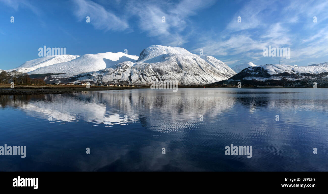 Panoramic image of Nevis Range, Ben Nevis and Cow Hill reflecting in Loch Linnhe,near Fort William, Highlands, Scotland Stock Photo