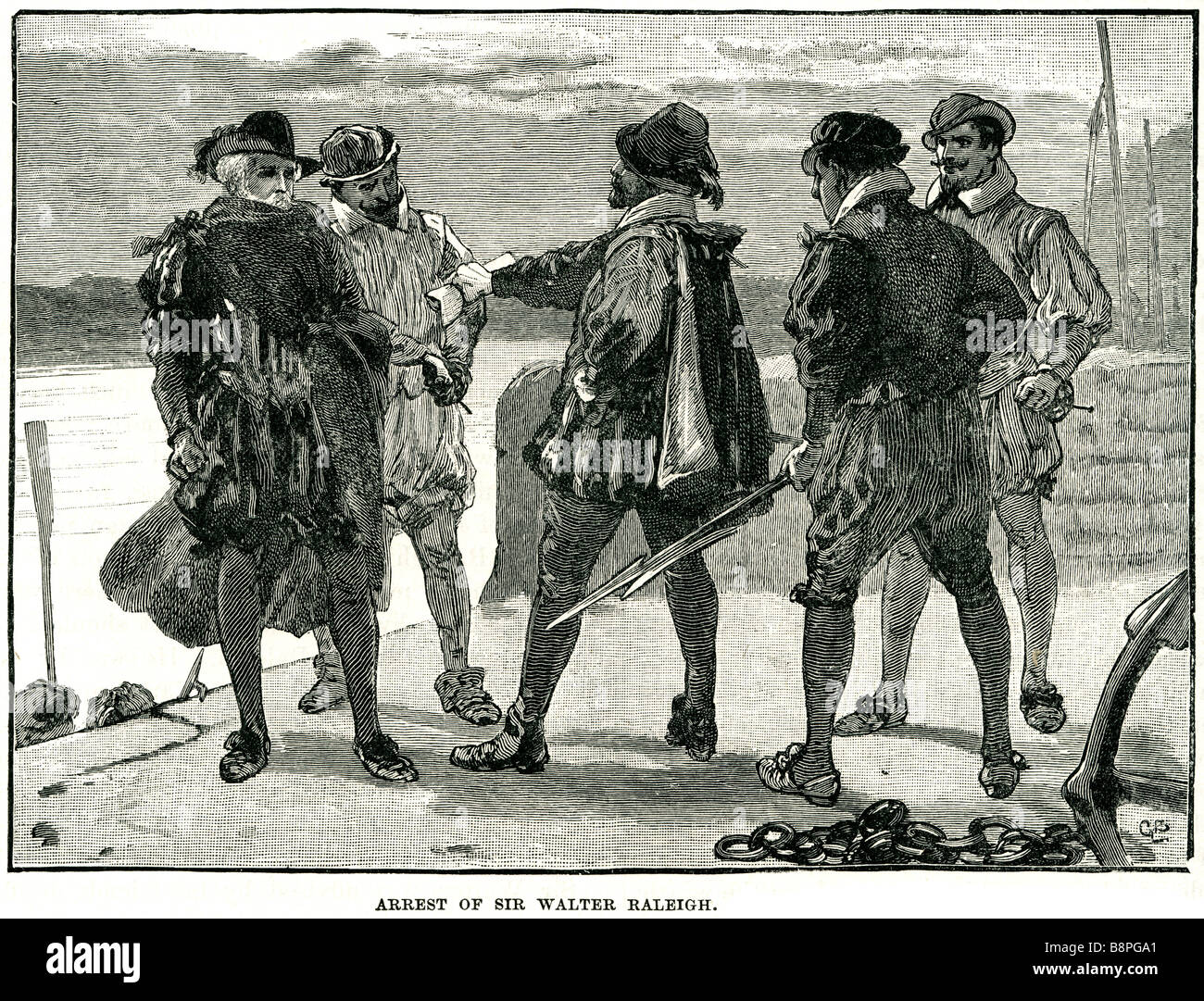 arrest of Sir Walter Raleigh or Ralegh (c. 1552 – 29 October 1618), was a famed English writer, poet, soldier, courtier and expl Stock Photo