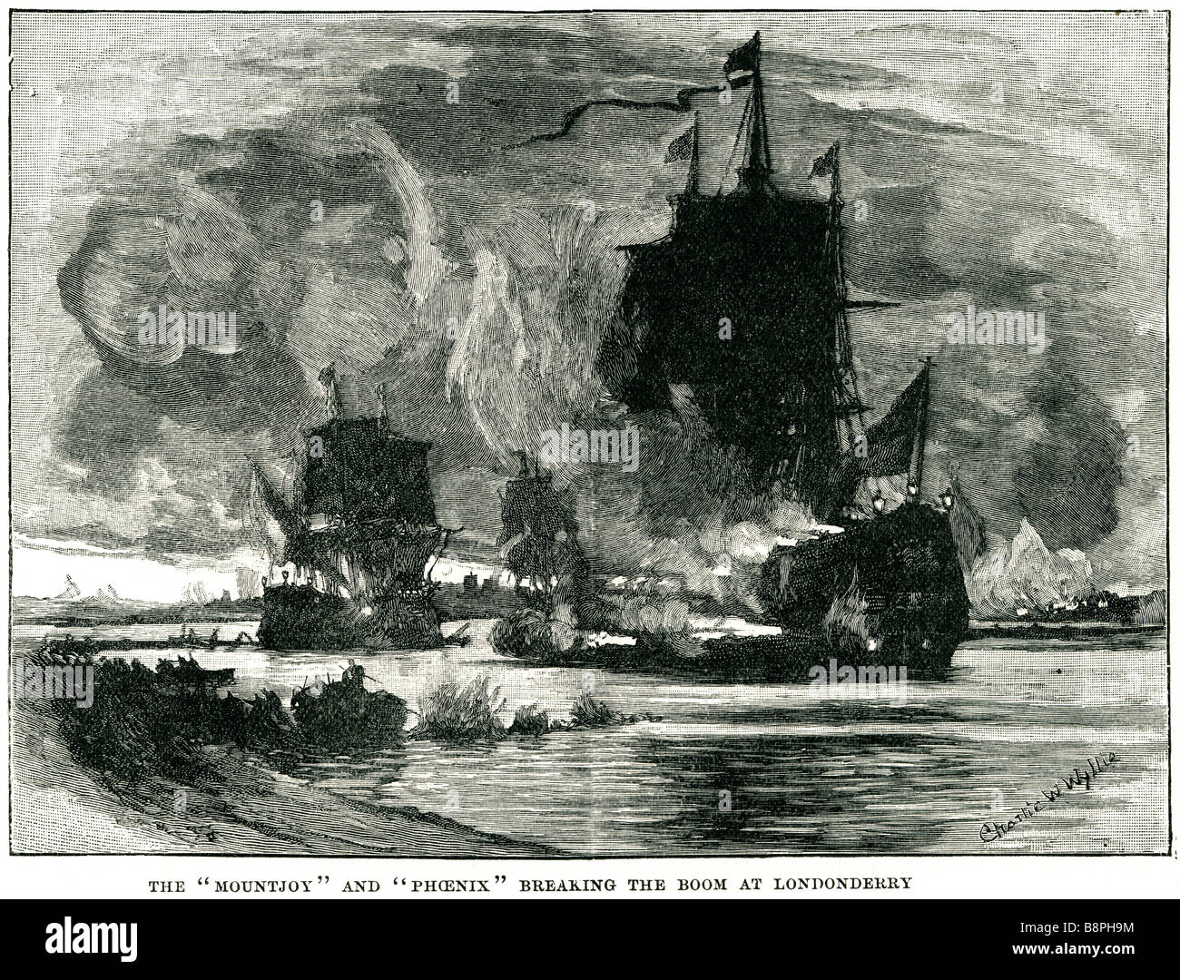 the mountjoy and pheonix breaking the boom at londonberry The Mountjoy was a merchant ship used to relieve the Siege of Derry in Stock Photo