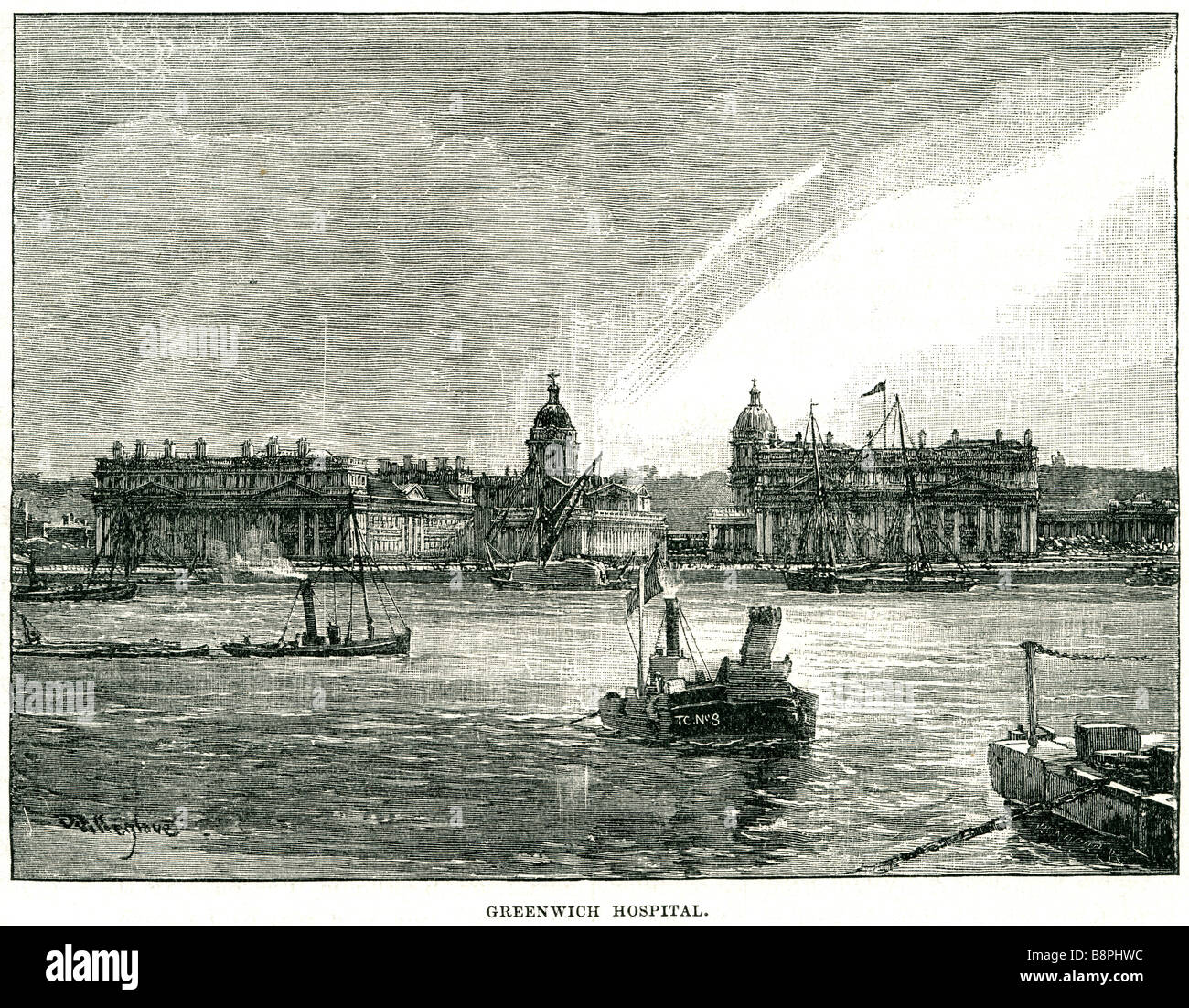 greenwich hospital river banks ship steam boat tug city The Old Royal Naval College is the architectural centrepiece of Maritime Stock Photo