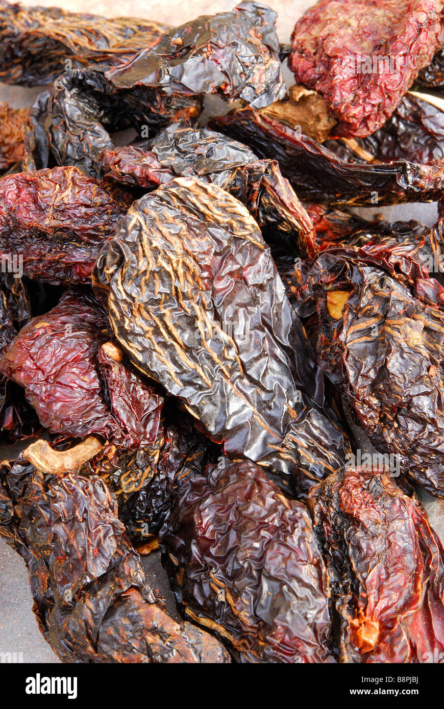 Chipotle 'Moritas'. Dried, smoked jalapeno chillies used to add a smoky heat to Mexican and TexMex dishes. Stock Photo