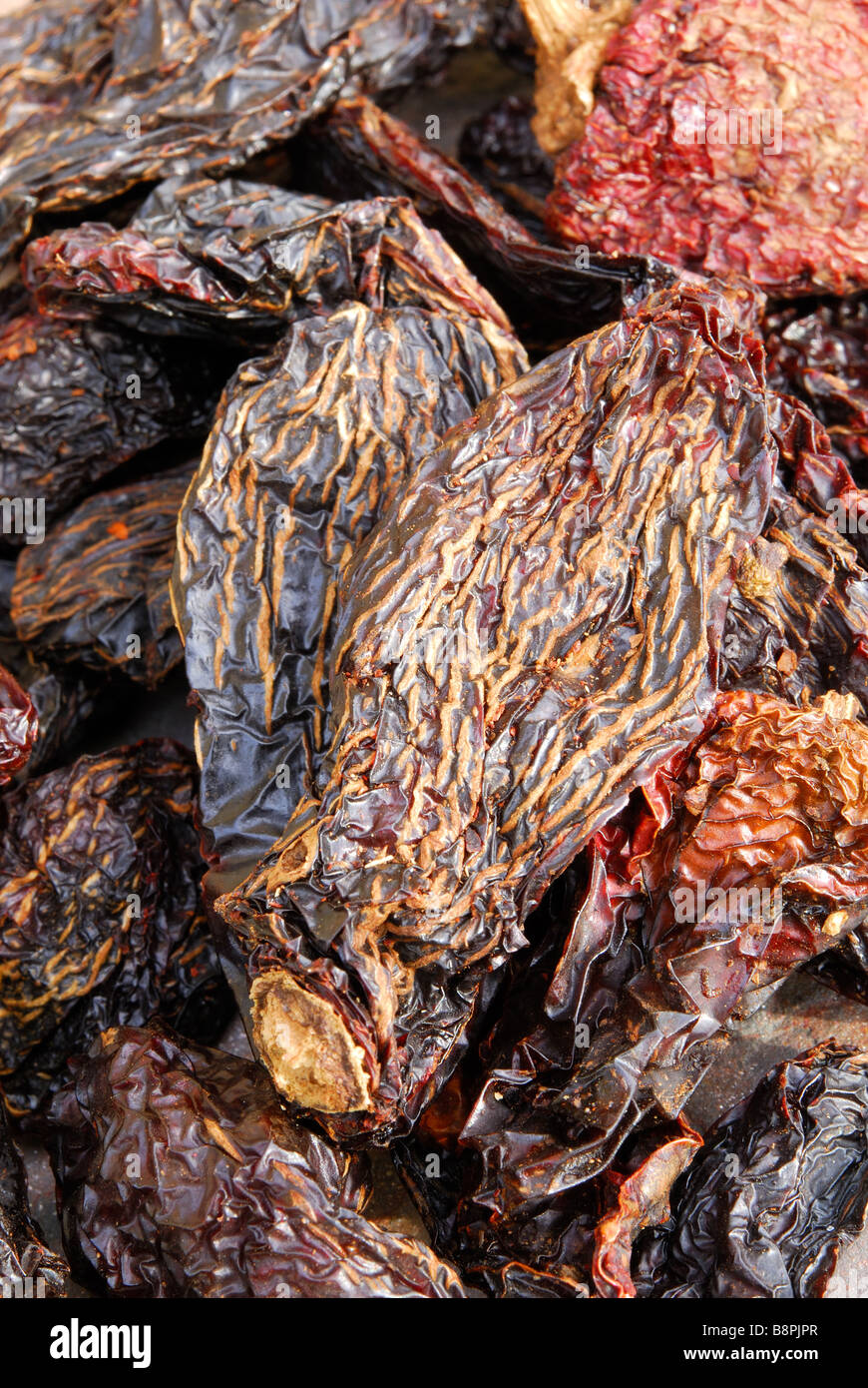 Chipotle 'Moritas'. Dried, smoked jalapeno chillies used to add a smoky heat to Mexican and TexMex dishes. Stock Photo