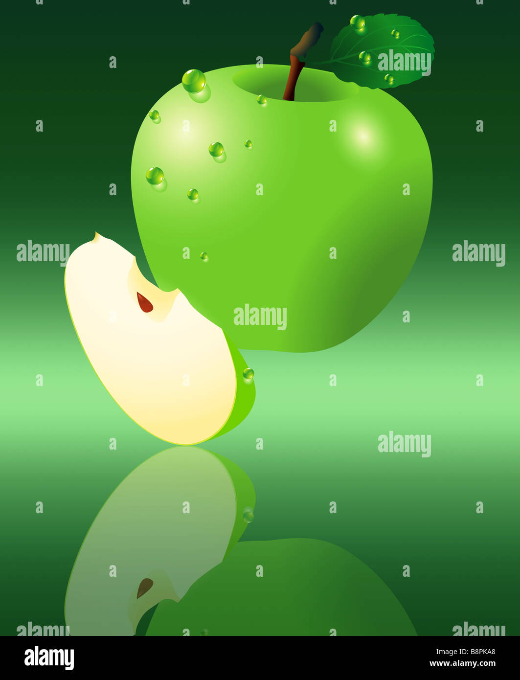 illustration of sliced green apple isolated on green background. Stock Photo