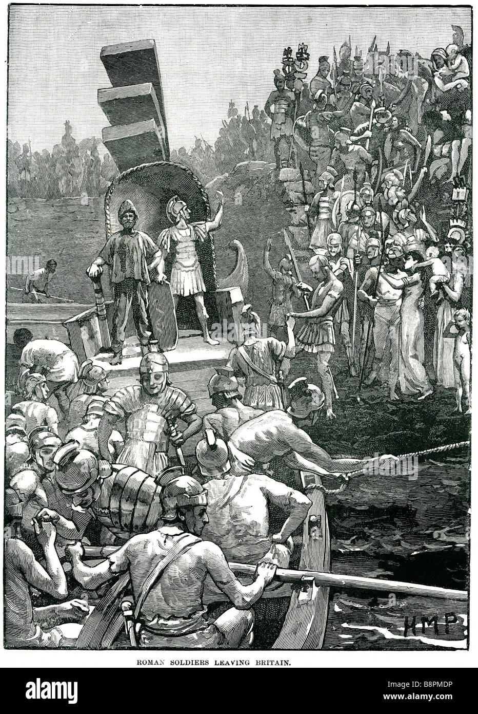 roman soldiers leaving briton Roman Britain refers to those parts of the island of Great Britain controlled by the Roman Empire Stock Photo