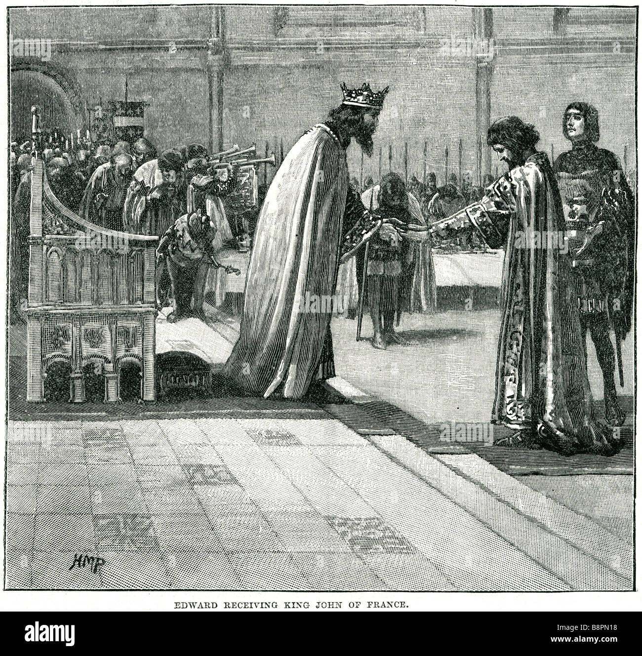 edward receiving king john of france The Treaty of Brétigny was a treaty signed on 8 May 1360, between King Edward III of Englan Stock Photo