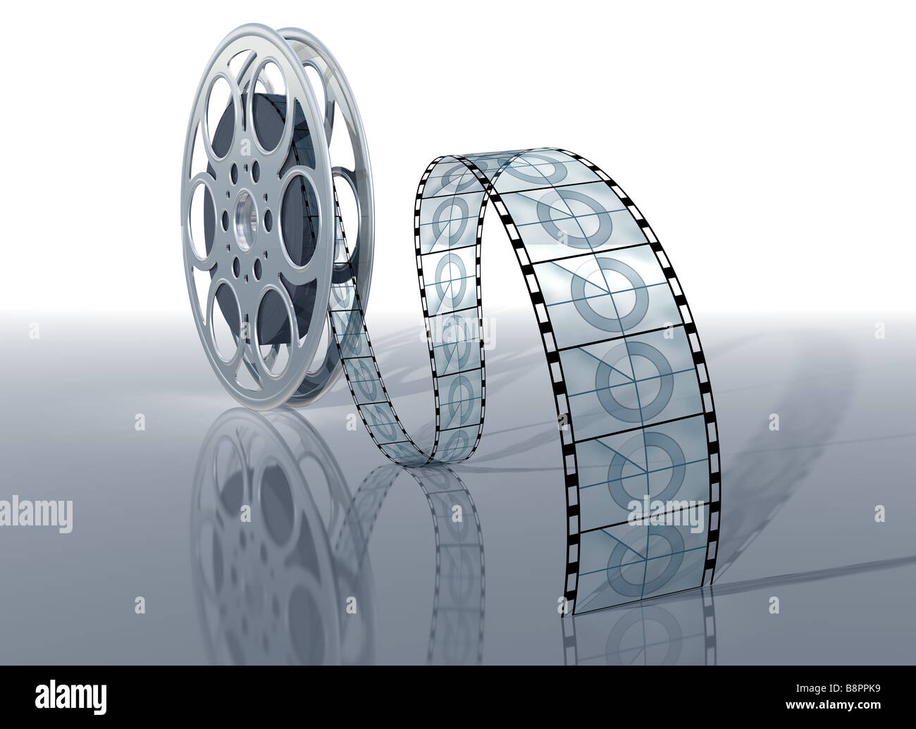 Illustration of a movie reel and film on a shiny surface Stock Photo