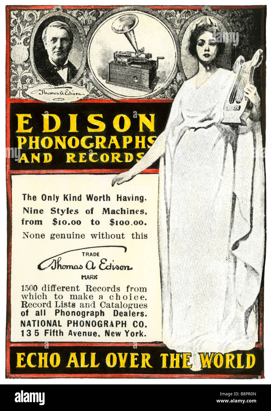Advertisement for Edison phonographs and records National Phonograph Co 1901. Hand-colored halftone Stock Photo