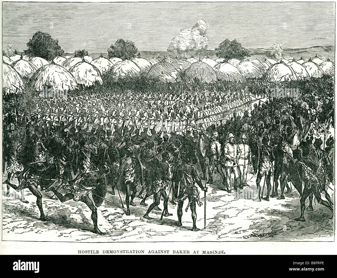 Hostile Demonstration against Sir Samuel White Baker at Masindi 1873 slave trade  British explorer officer naturalist Stock Photo