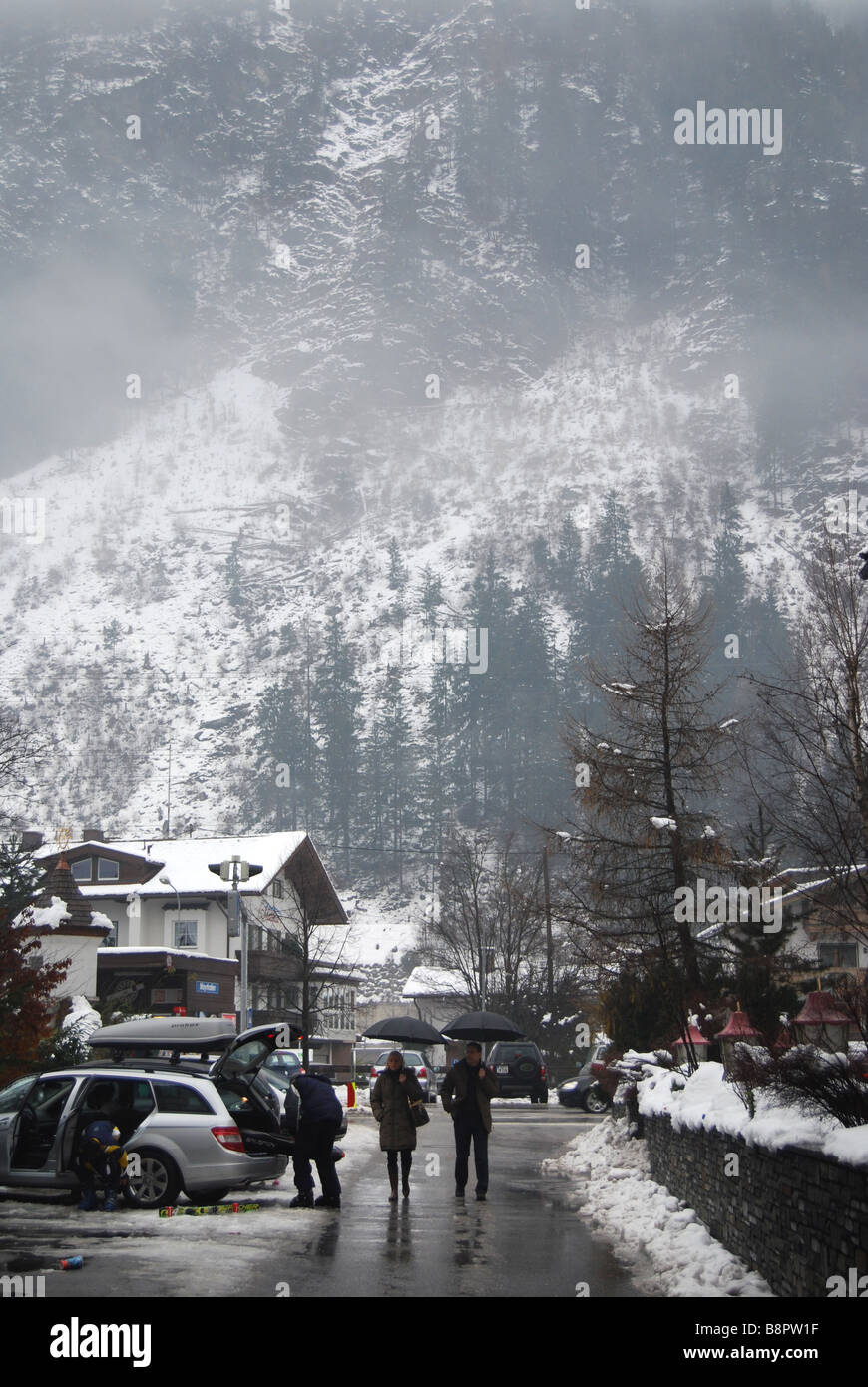 dreary atmosphere in Mayrhofen street Tyrol Austria Stock Photo