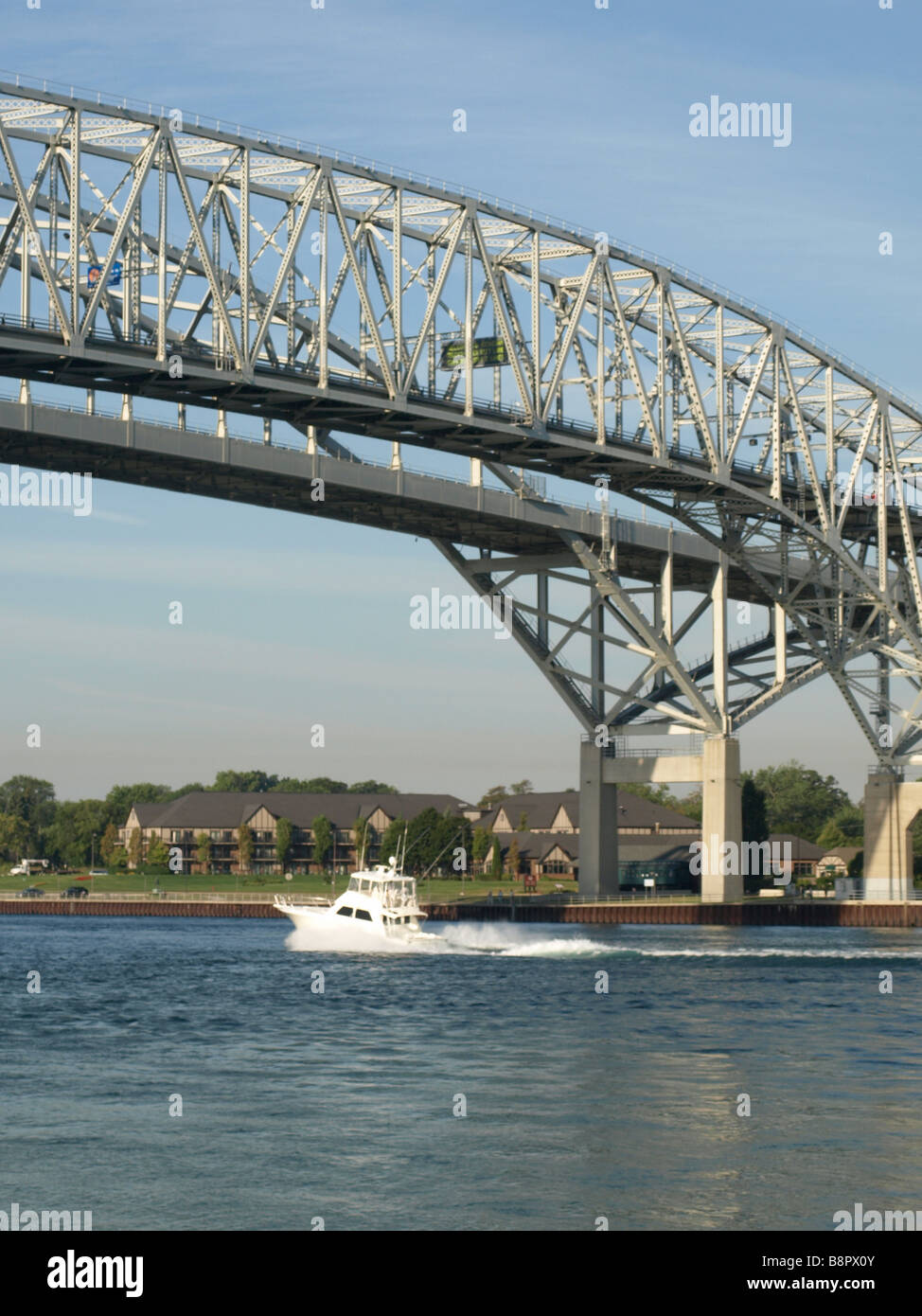 Blue Water Bridge from Sarnia Ontario Canada to Port Huron Michigan USA. The bridge spans the Saint Clair River. Stock Photo