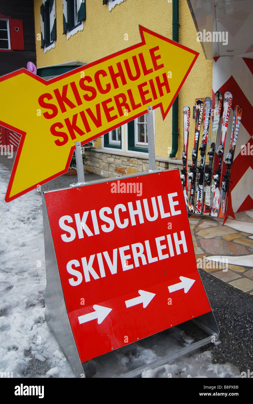 notice boards advertising ski school Mayrhofen Austria Tyrol Stock Photo