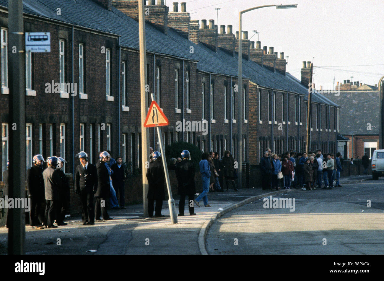 The Miners Strike of 1984 1985 Riot Police patrol the streets of Hickleton Village south Yorkshire during the strike COPYRIGHT Stock Photo