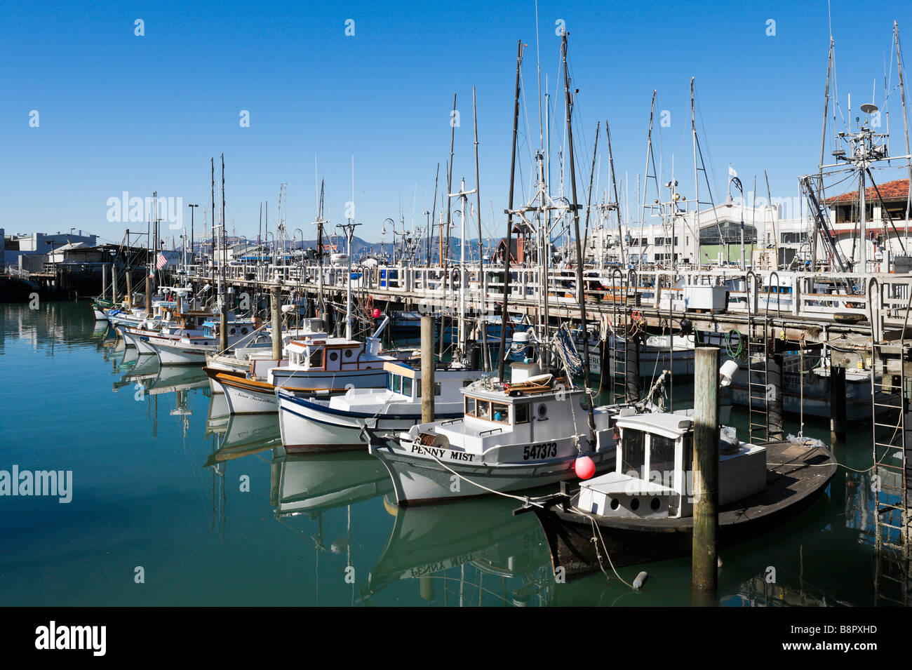 Sport fishing boats at Jefferson and Jones Streets, Fisherman's Wharf, San Francisco, California, USA Stock Photo
