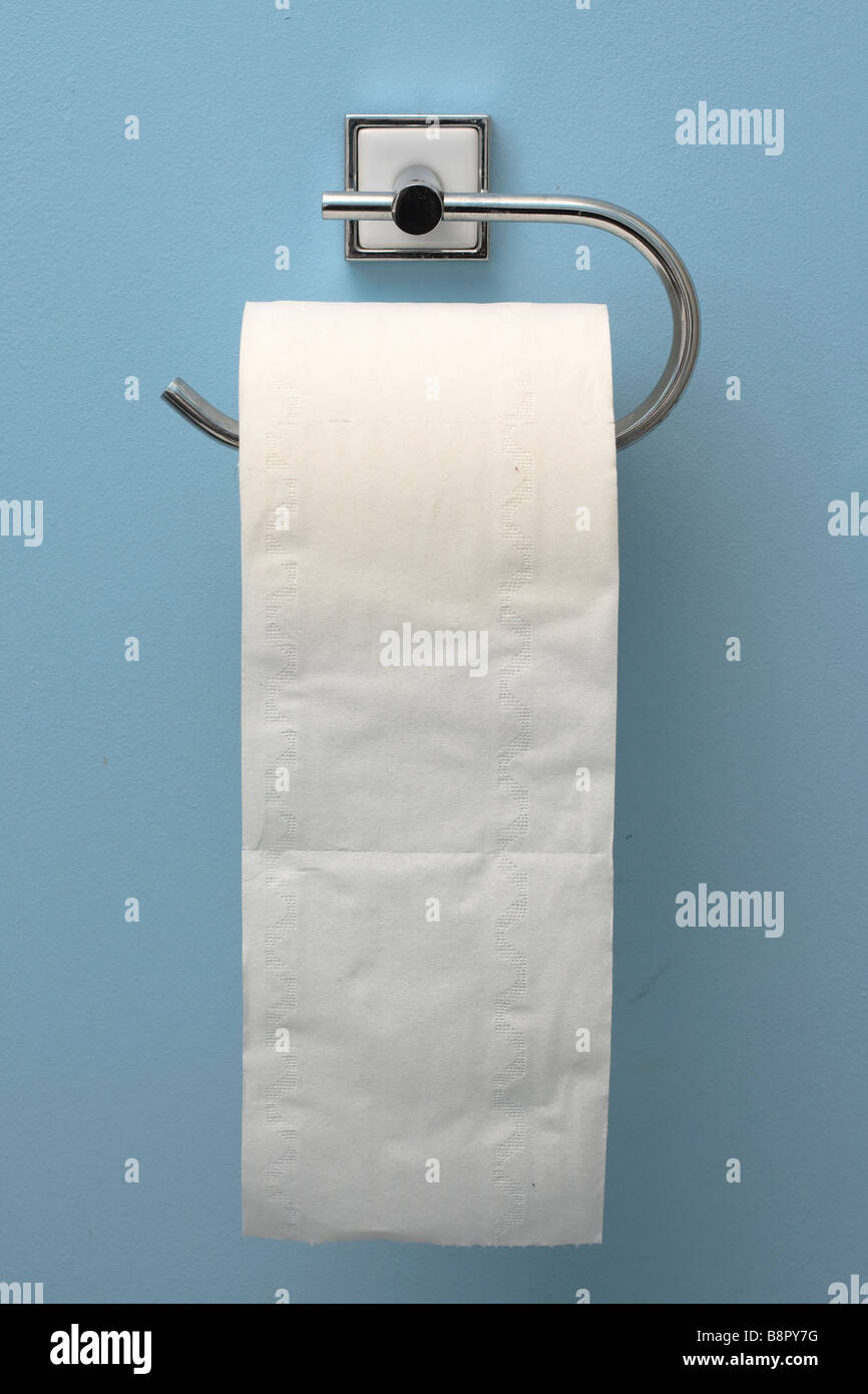 A toilet roll on a wall mounted toilet roll holder against a blue wall Stock Photo