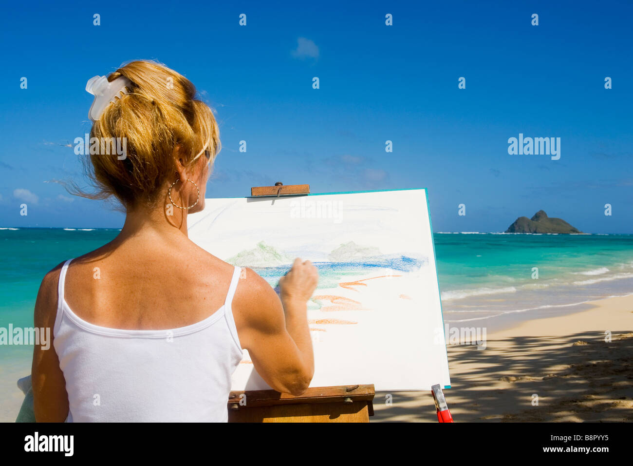 A female artist painting on the beach in Hawaii Stock Photo - Alamy