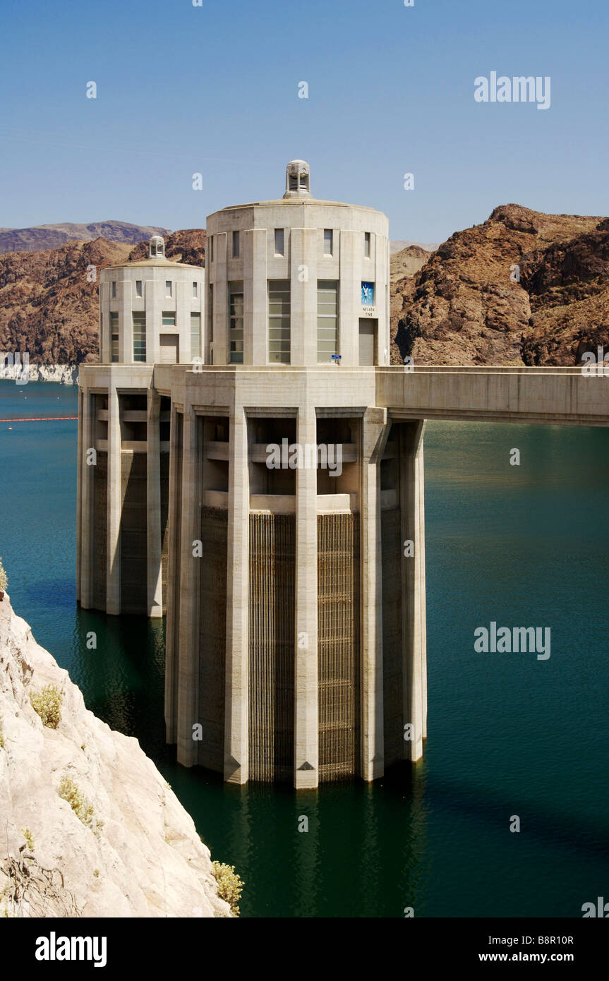 Giant water intakes at the Hoover Dam on the Nevada California border