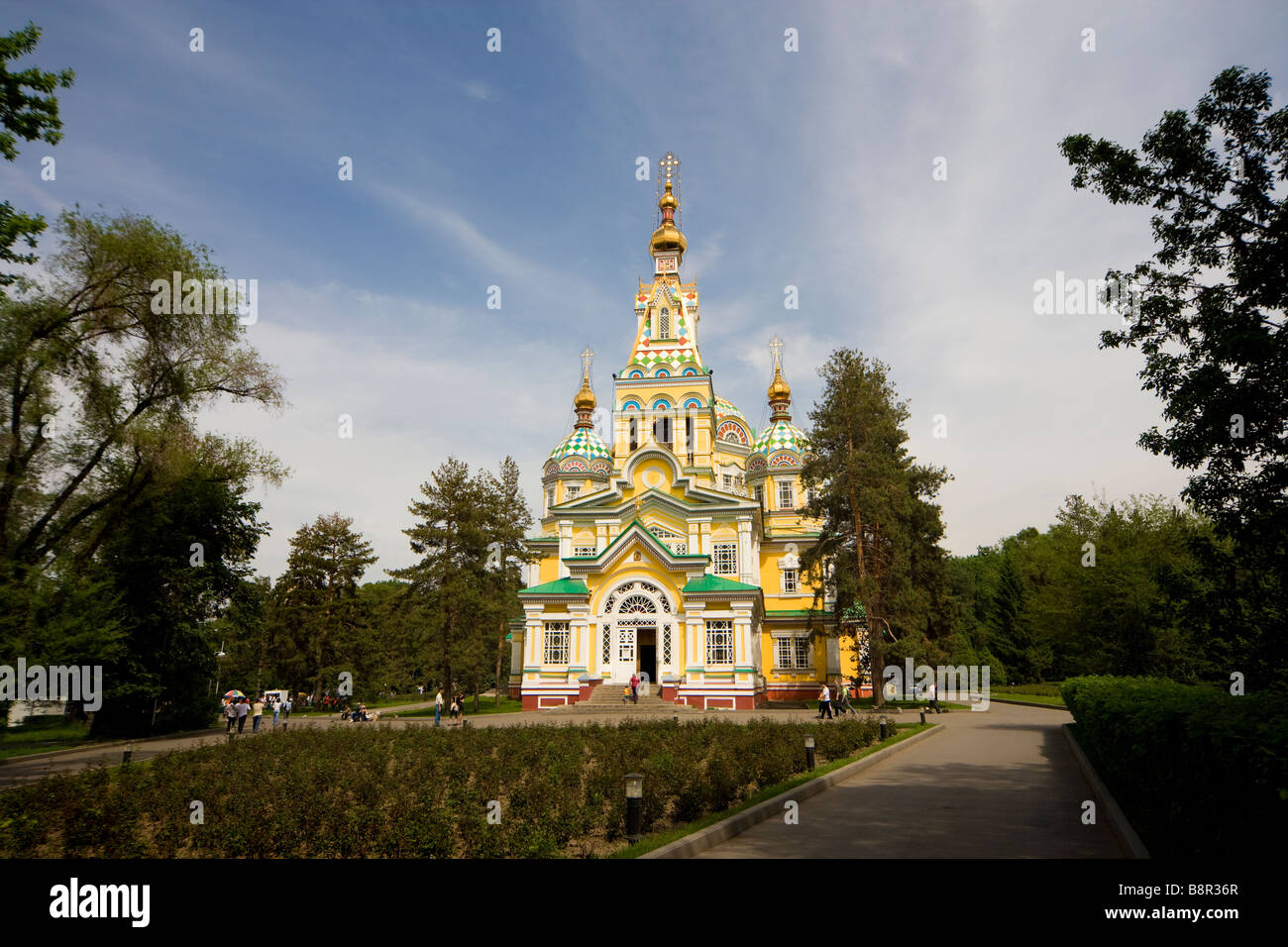 Russian Orthodox Ascension Cathedral or Zenkov Cathedral built of wood without nails in Panfilov Park, Almaty, Kazakhstan. Stock Photo