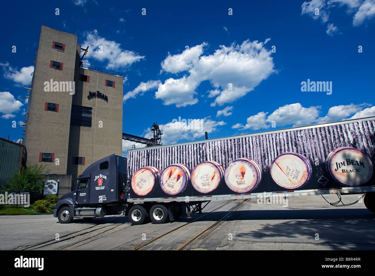 Delivery truck with barrel design trailer Jim Beam Distillery Clermont Kentucky USA Stock Photo