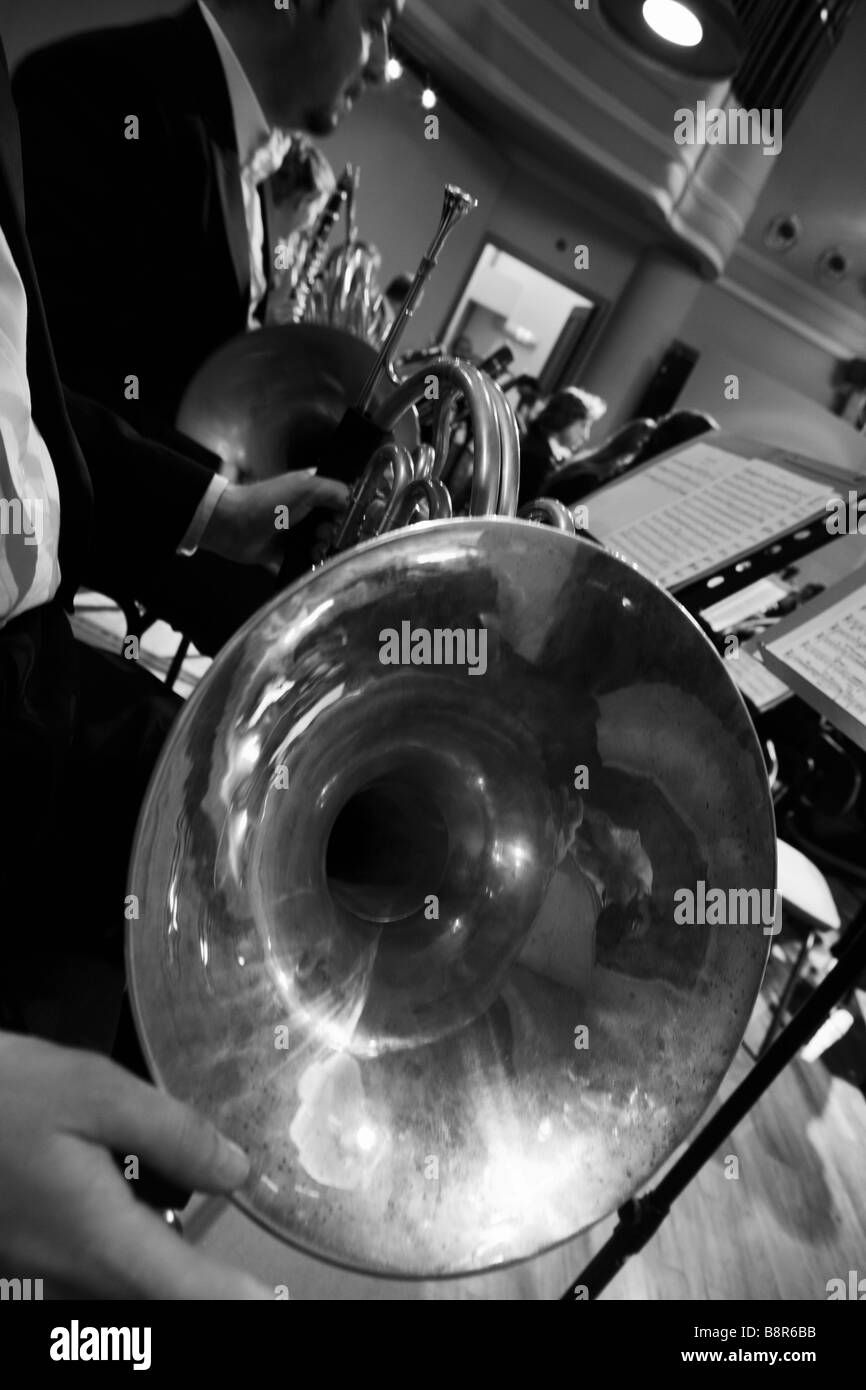Black and White, Horn, Orchestra, Music, Sound, Instruments Stock Photo