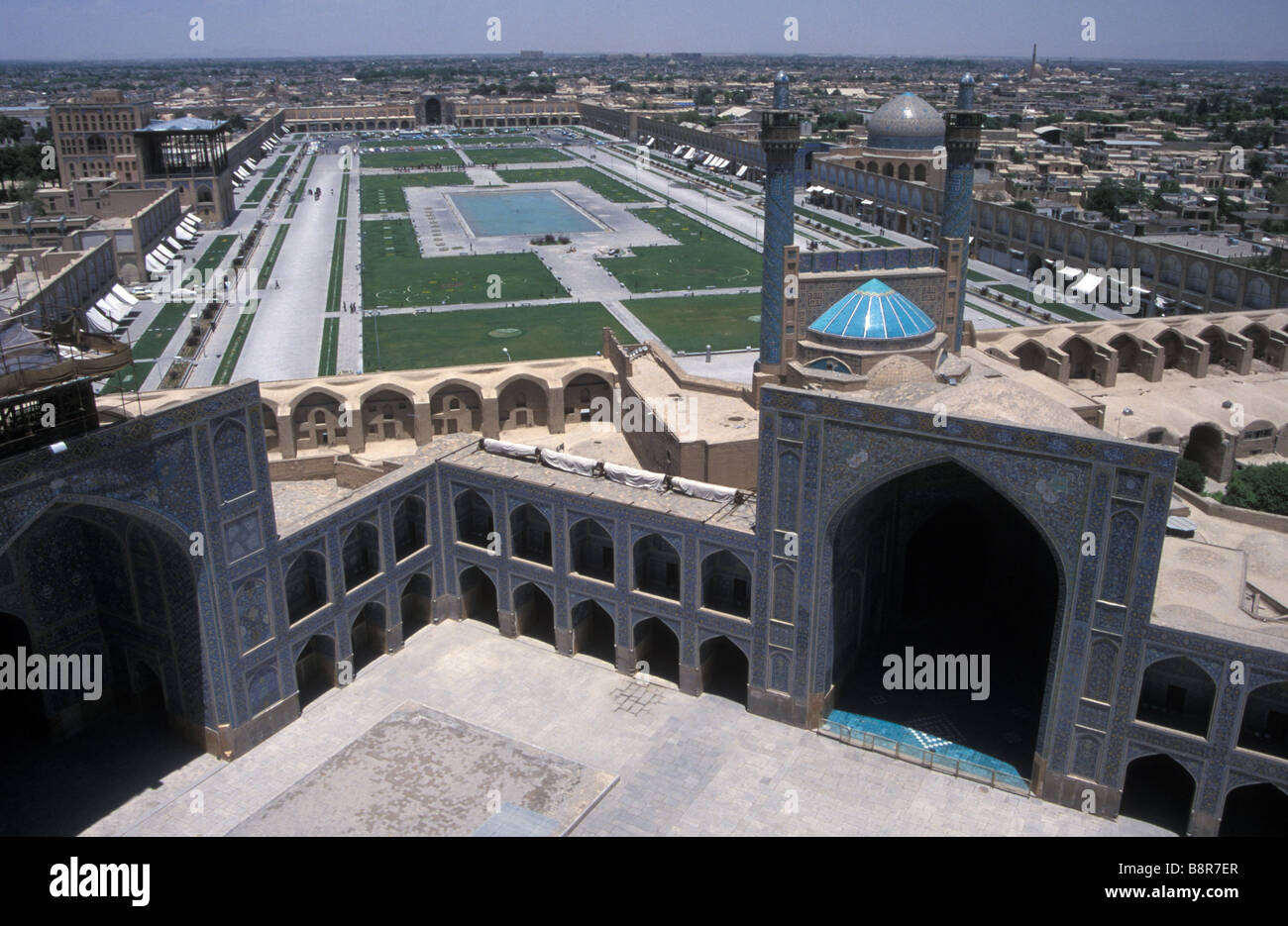 ancient Islamic Persian Iranian architecture tiles minarets domes courtyard Masjid e Imam Isfahan Iran Stock Photo