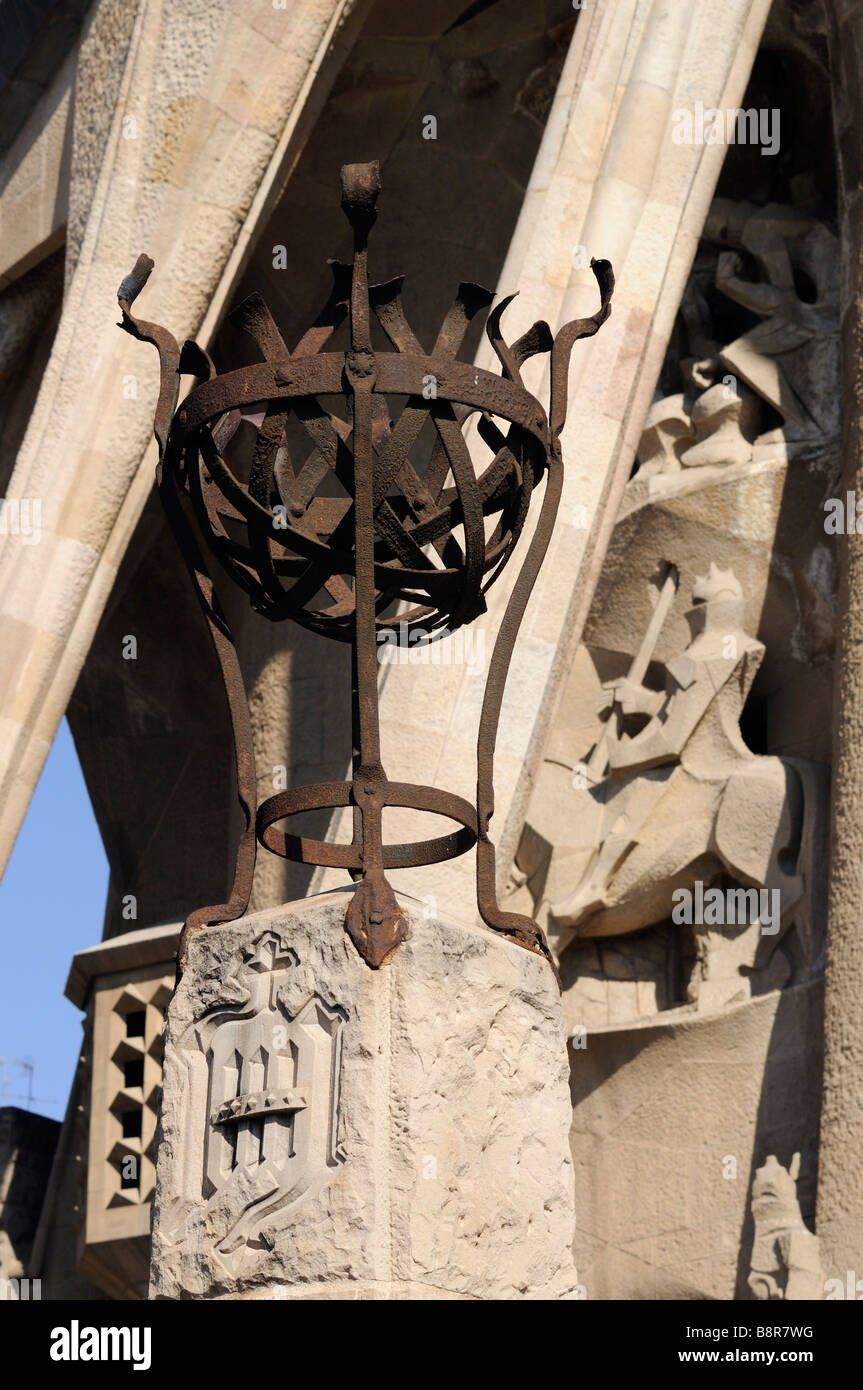 Metallic lantern and Passion facade (by Josep Maria Subirachs). Sagrada Familia. Barcelona. Catalonia. Spain Stock Photo