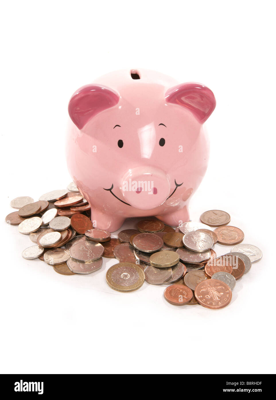 Pile of english money and money box in studio Stock Photo Alamy