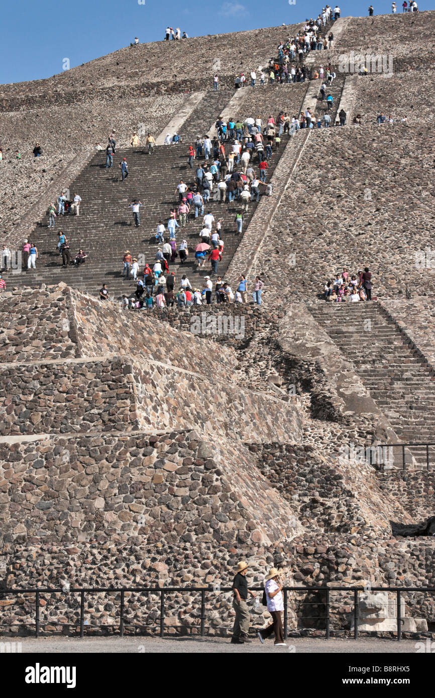 People climbing up the Pyramid of the Sun. Teotihuacan, Mexico Stock