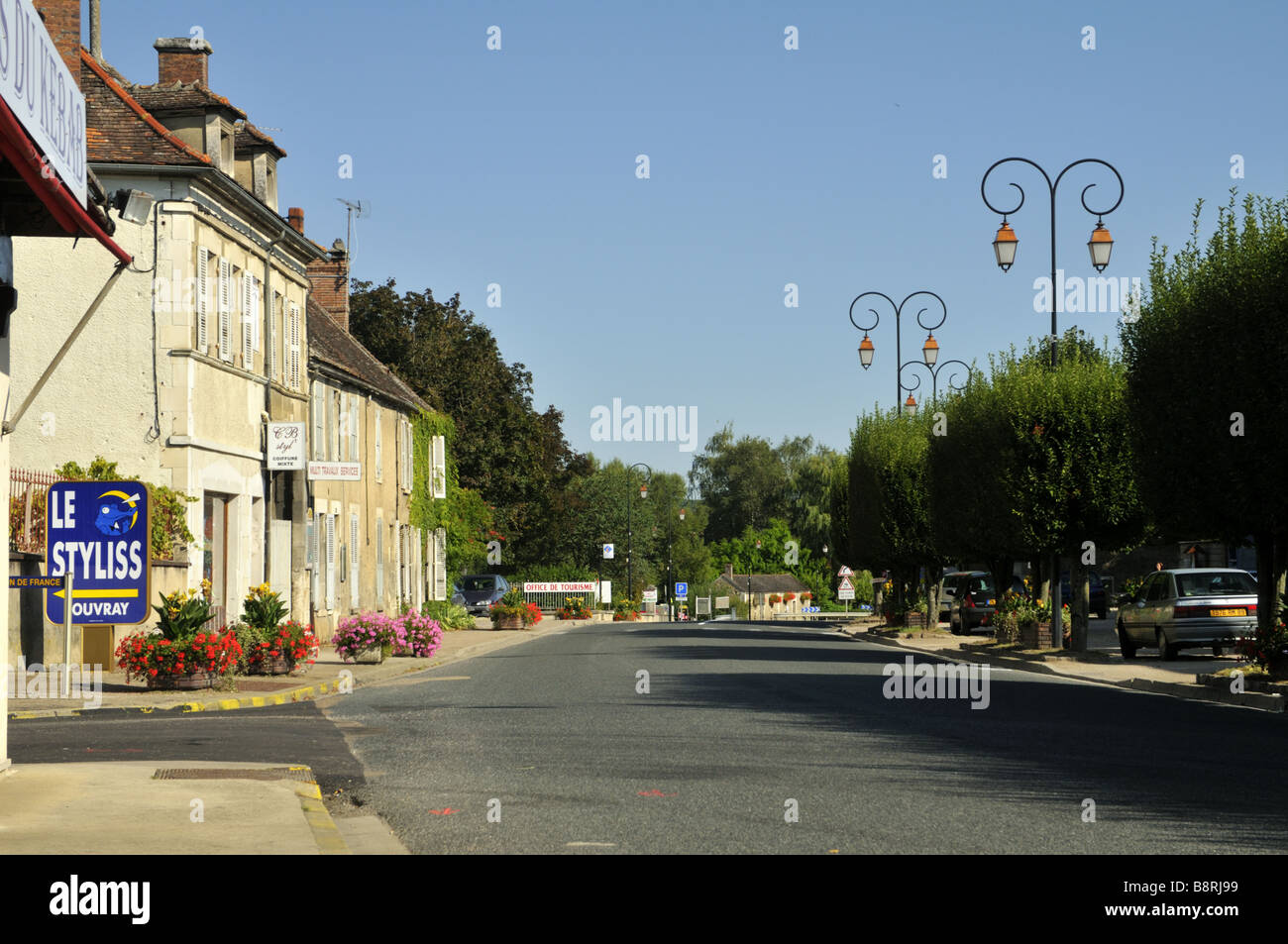 Ornate lampposts on the main street of Pontigny Burgundy France Stock Photo