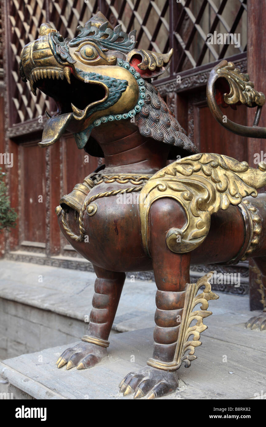 Nepal Kathmandu typical lion guardian statue Stock Photo